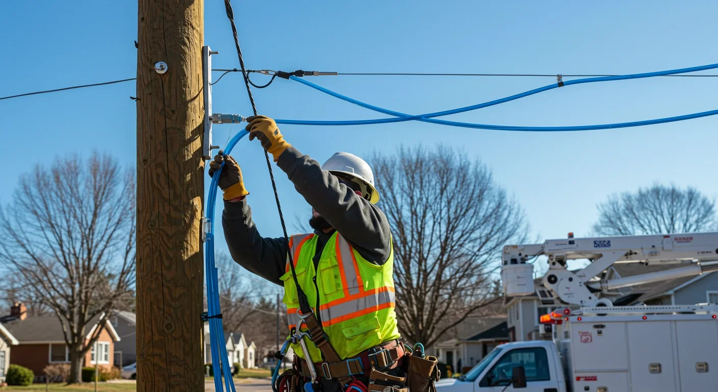 Technician installing fiber optic cables on utility pole in residential neighborhood