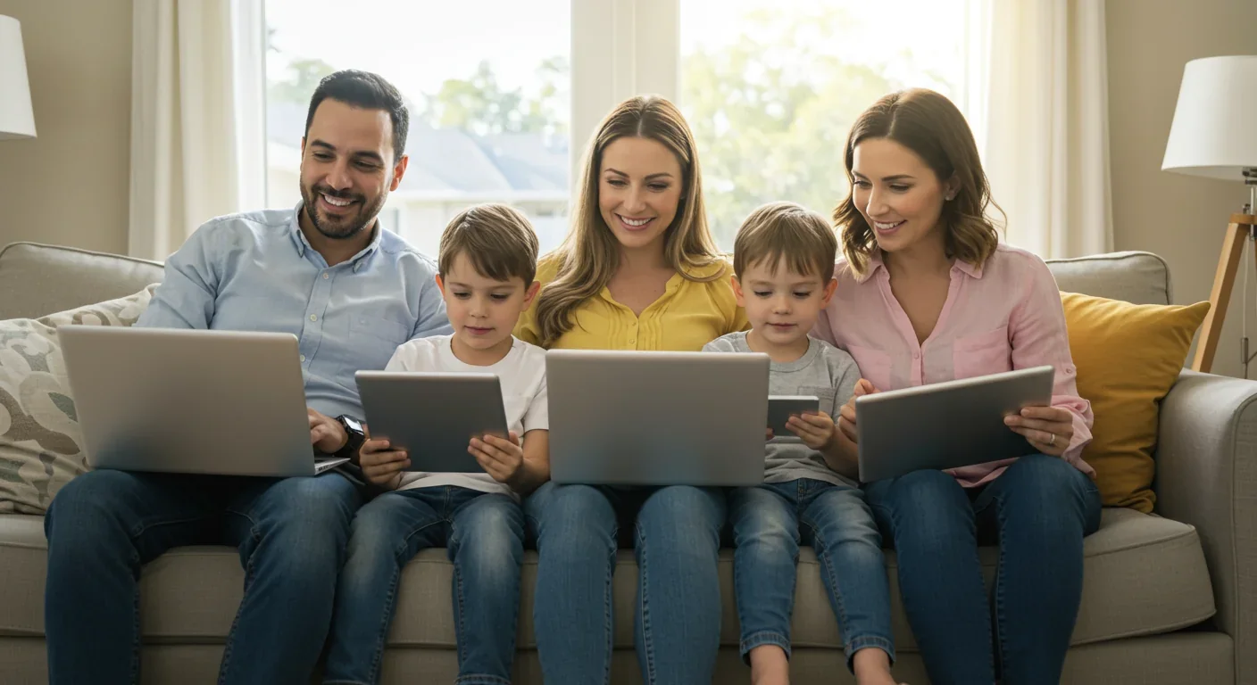 Family using multiple internet-connected devices simultaneously at home
