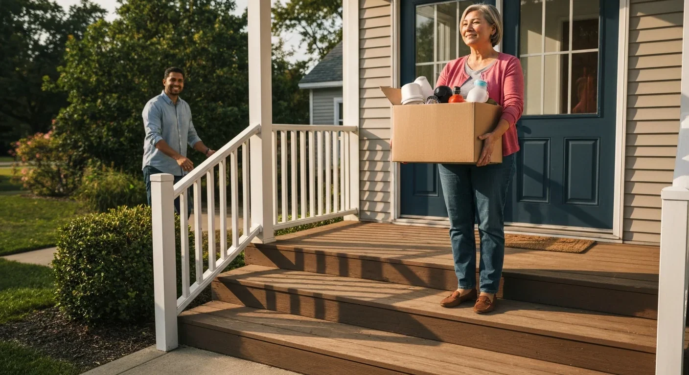 Woman on porch sharing household items with neighbor in a residential community