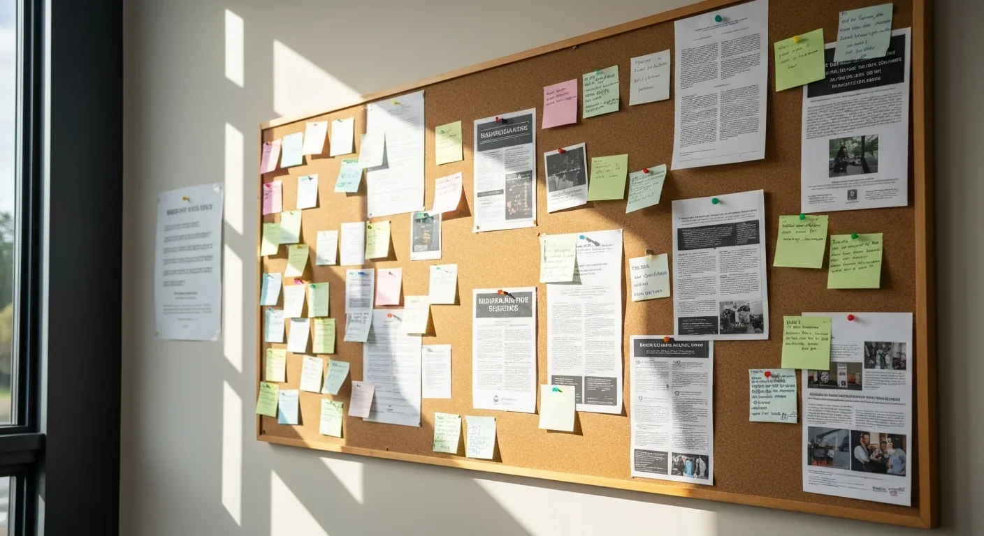 Community bulletin board with handwritten mutual aid notices and volunteer flyers