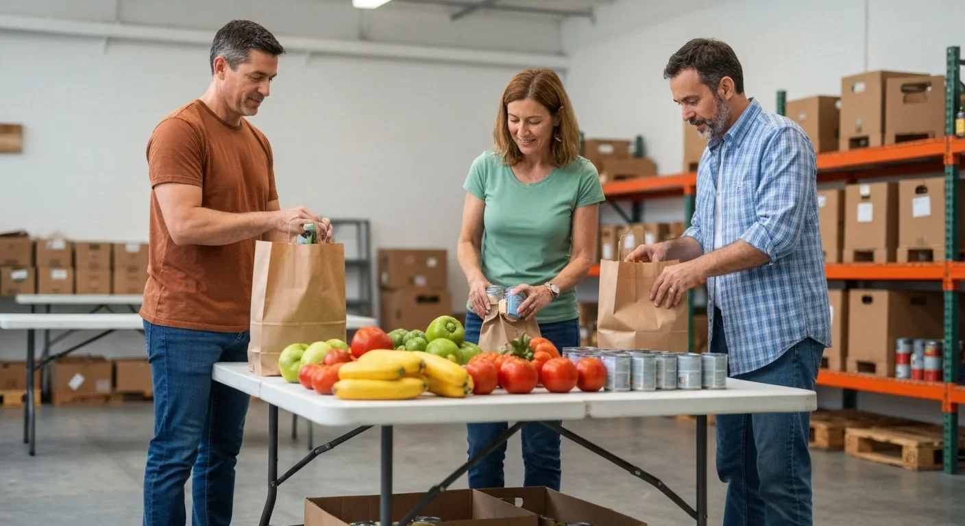 Volunteers sorting fresh produce and canned goods for community distribution