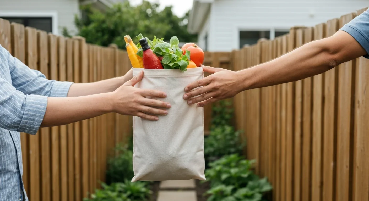 Neighbors exchanging groceries over a backyard fence in a residential community