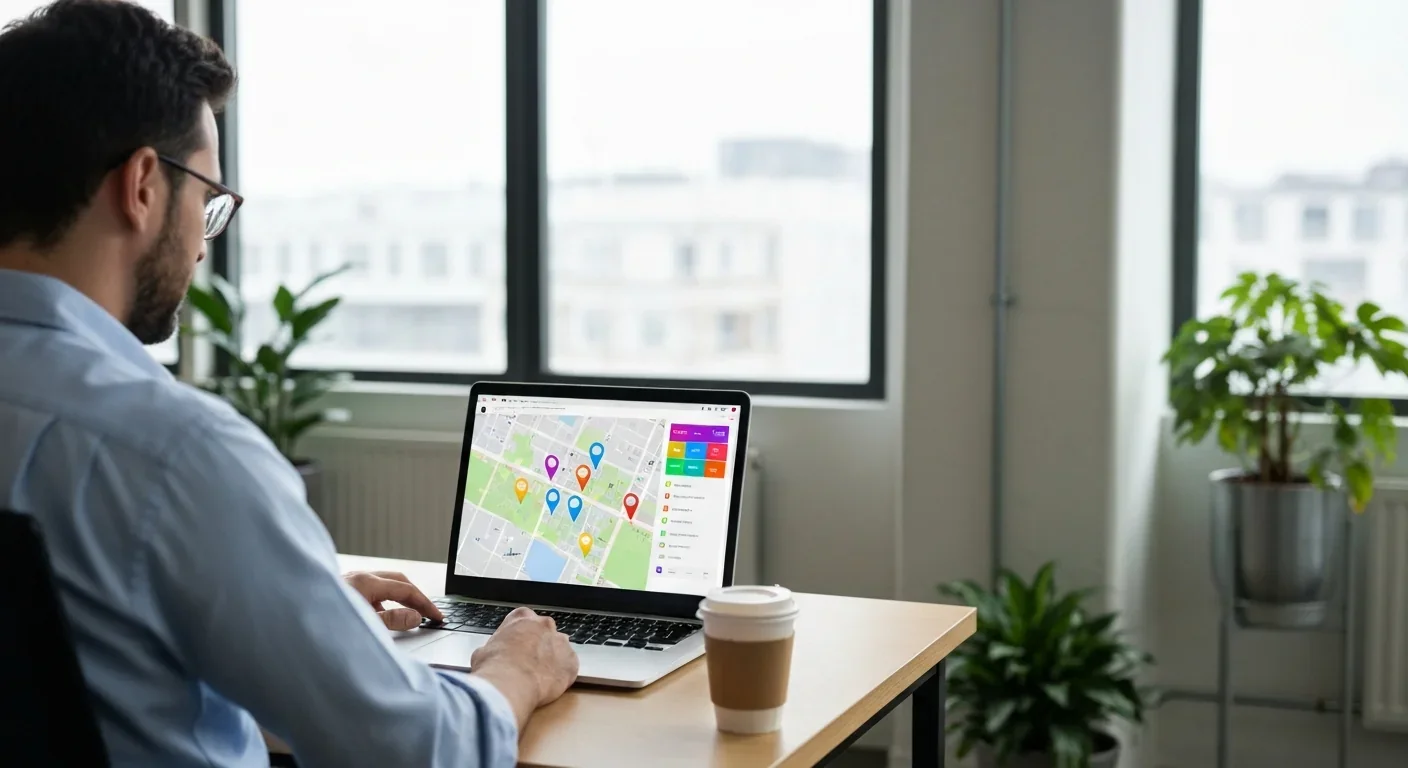Man working on a mutual aid mapping platform on laptop in a bright coworking space