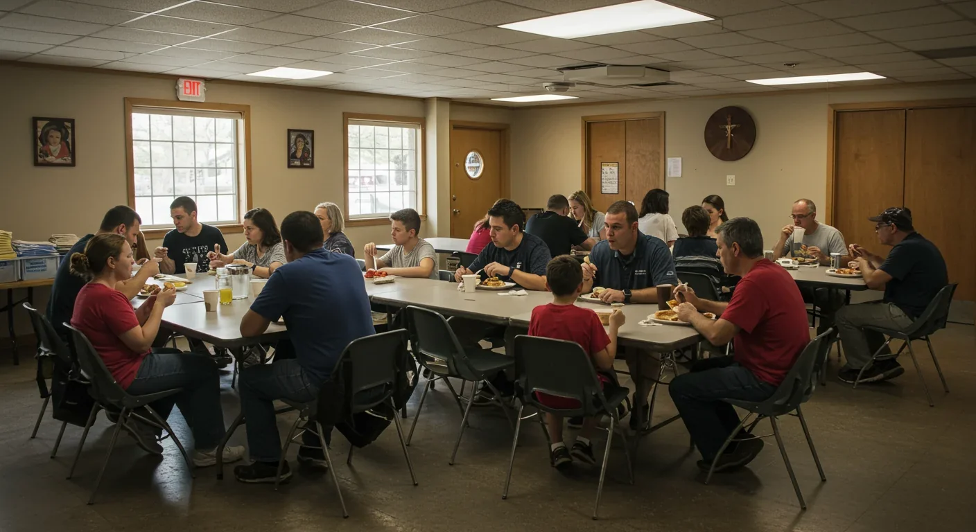 Community members sharing a meal at a mutual aid breakfast program