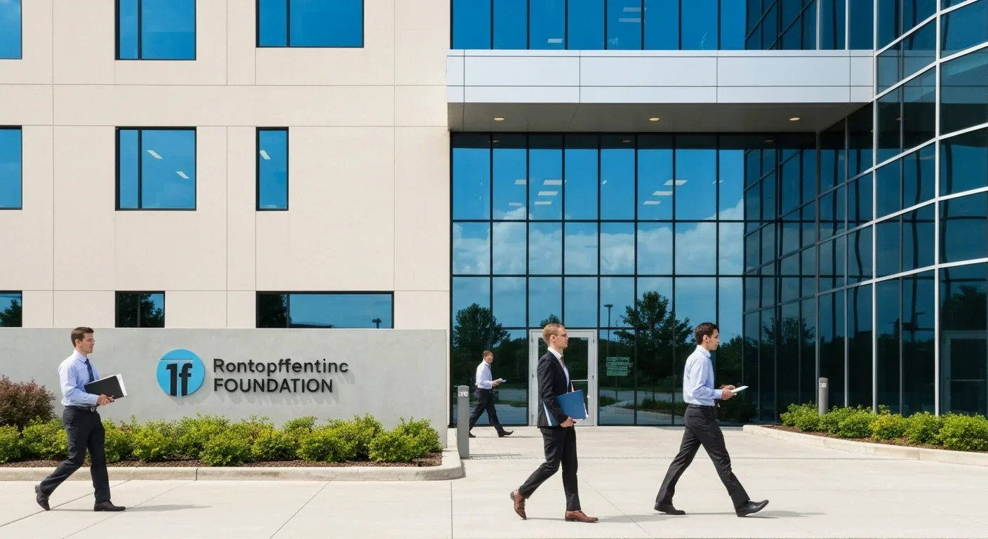 Modern corporate nonprofit headquarters building with glass facade and professional staff