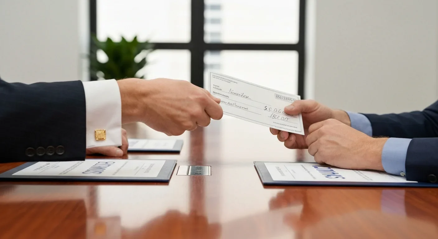 Business transaction showing wealthy donor presenting large check to nonprofit representative