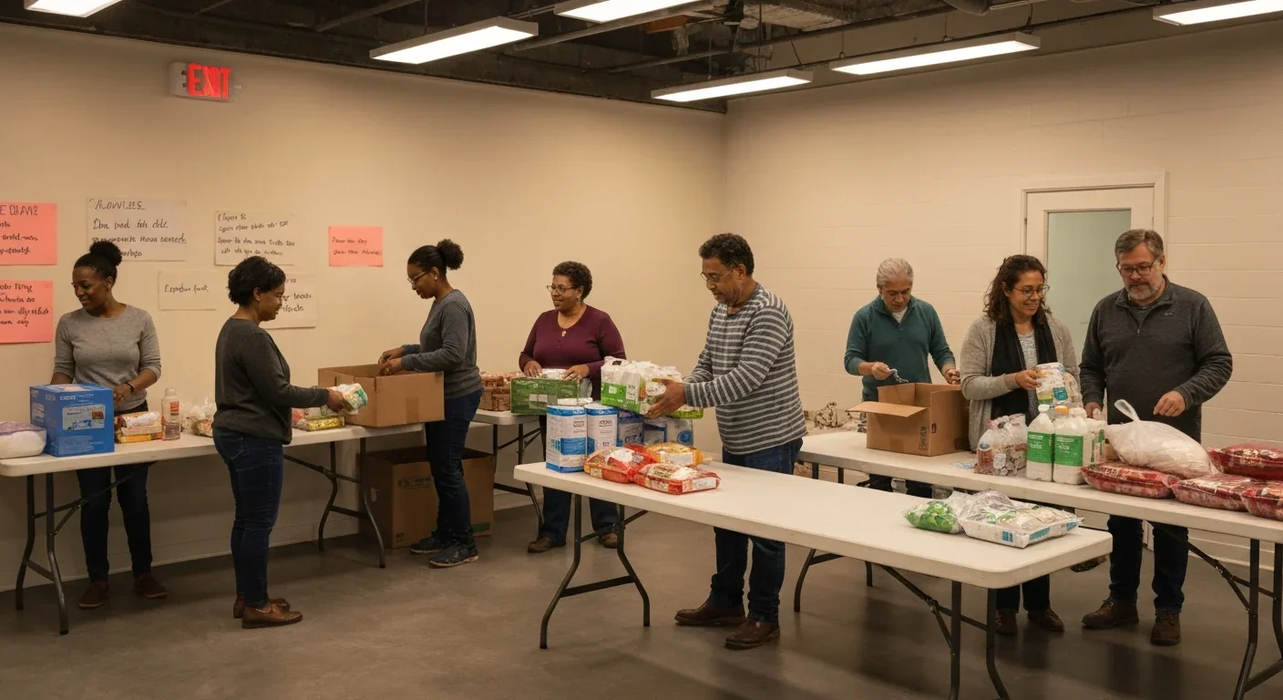 Adult community members working together at grassroots mutual aid distribution center