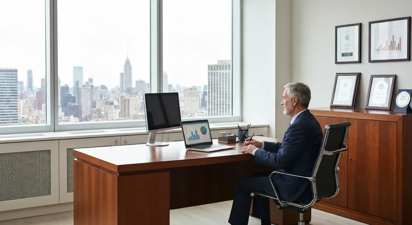 Nonprofit executive in luxury office overlooking city, representing high administrative costs