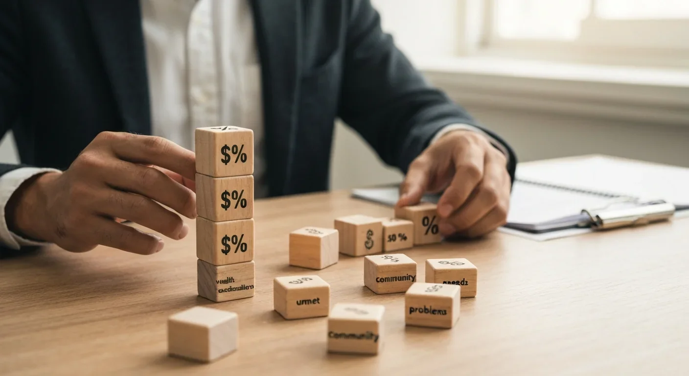 Wooden blocks visualizing wealth concentration versus scattered community needs and social problems