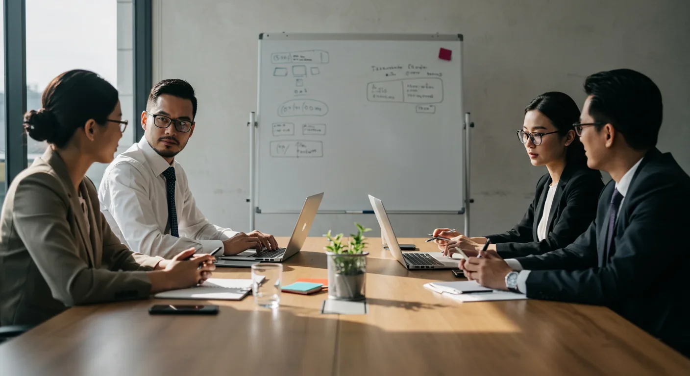 Business meeting with participant distracted by smartphone while others engage in discussion