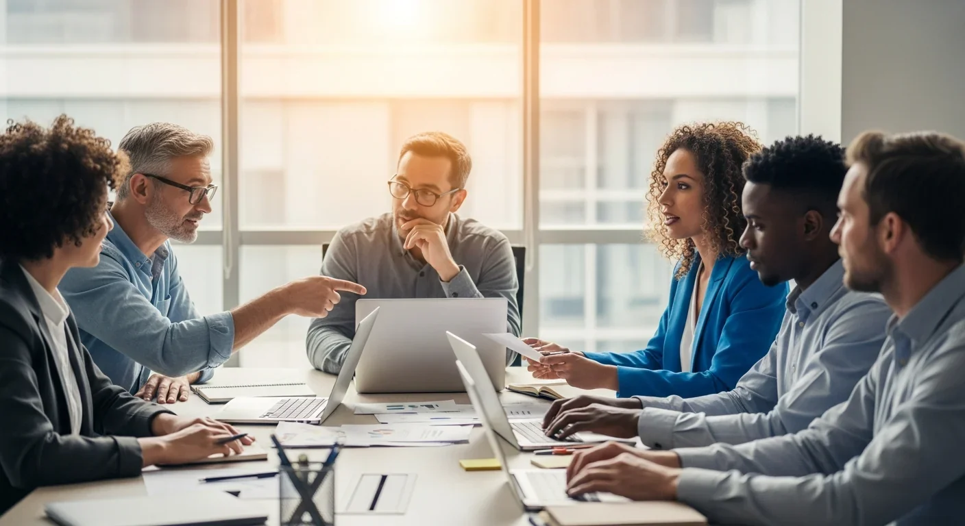 Diverse team of professionals collaborating in modern office without regard to educational backgrounds