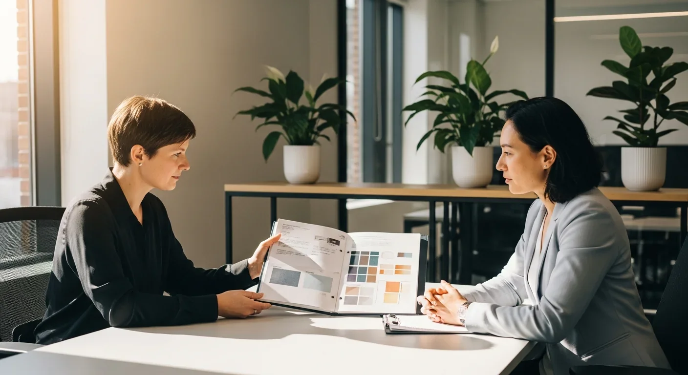 Job candidate demonstrating skills through portfolio during interview process