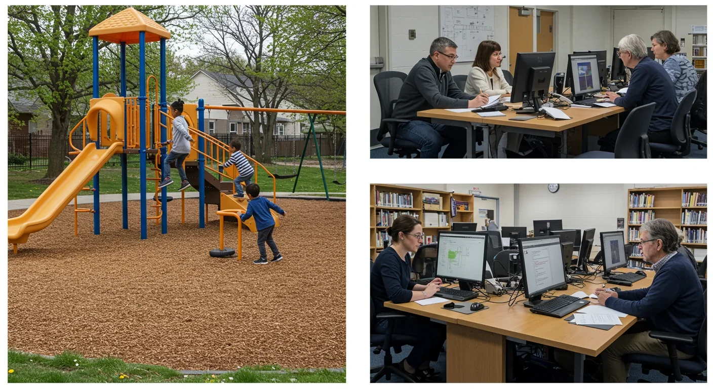 Before and after participatory budgeting: residents planning projects digitally alongside completed playground improvements funded by community votes