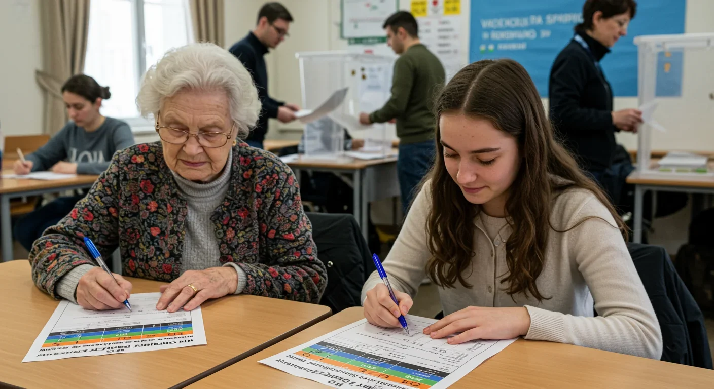 Elderly and young voters participating together in participatory budgeting election with multilingual ballots at a polling station