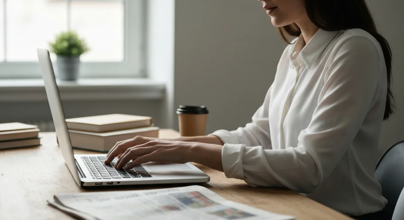 Woman working on a laptop at a wooden desk with a newspaper and coffee cup in natural daylight