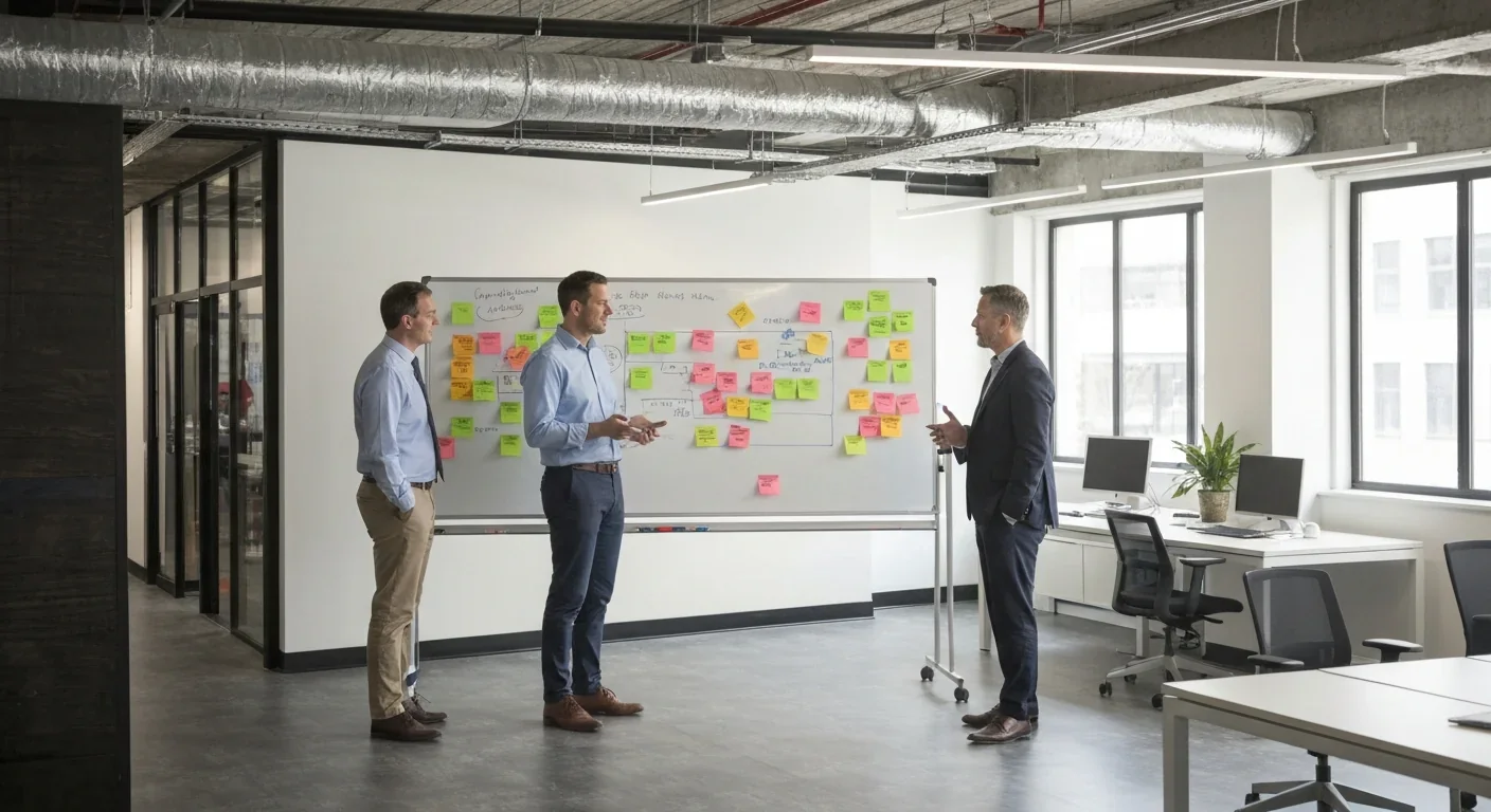 Two adults discussing plans in front of a whiteboard covered in sticky notes in a cooperative workspace