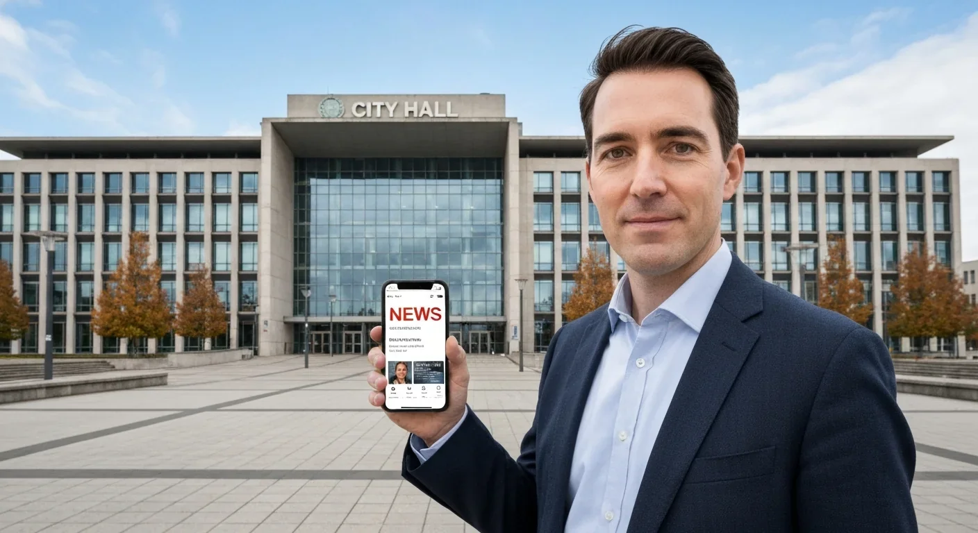 Man viewing a news app on his smartphone in front of a city hall building