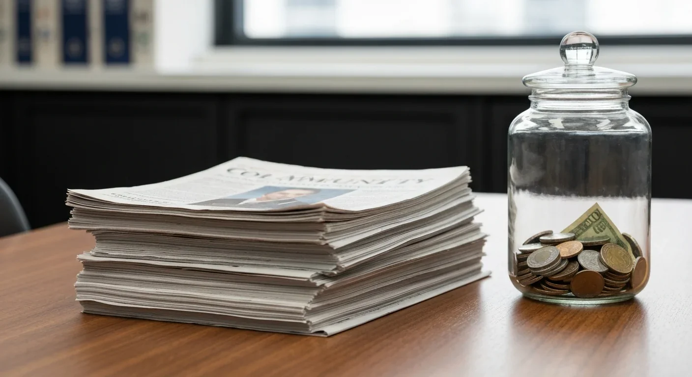 Stack of community newspapers next to a glass donation jar on a wooden table