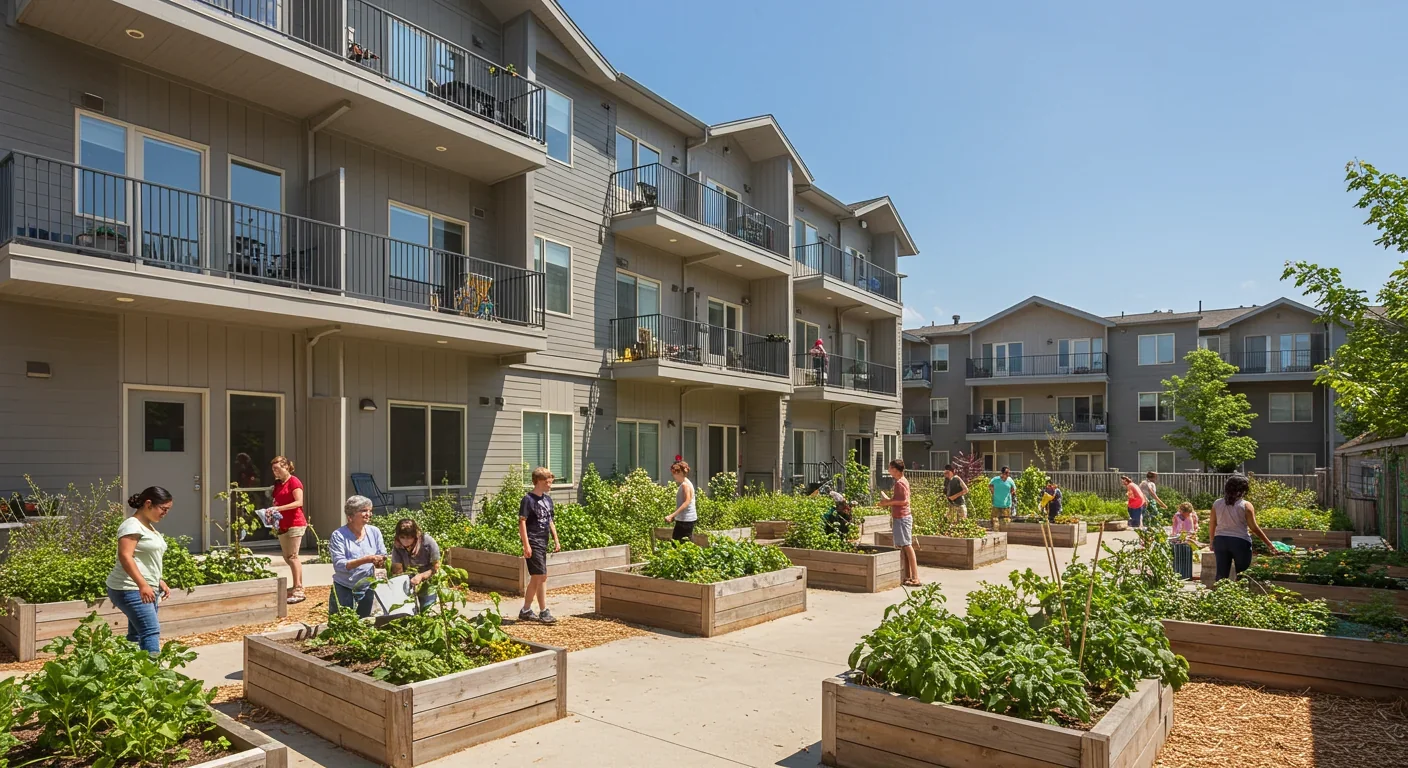 Community-owned affordable housing with shared gardens and collaborative design features