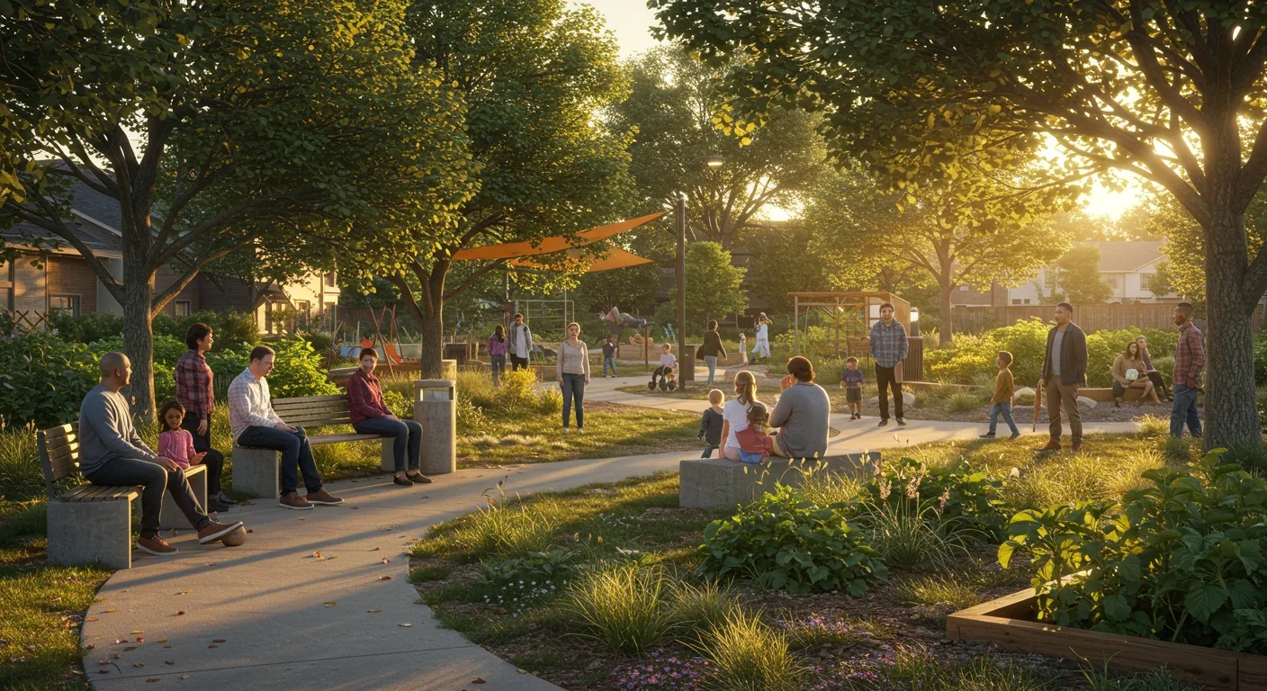 Thriving community-designed public space with diverse residents gathering in neighborhood park