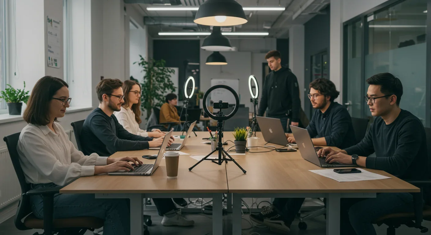 Remote workers performing for cameras and maintaining constant professional visibility in digital workspace