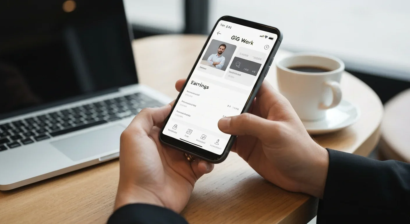 Hands holding smartphone showing gig work app earnings dashboard