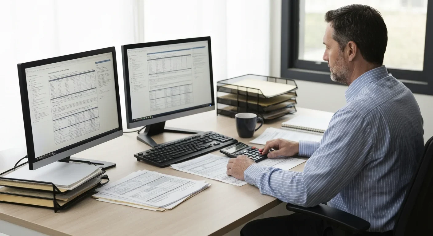 Professional home office workspace with tax documents and dual monitors