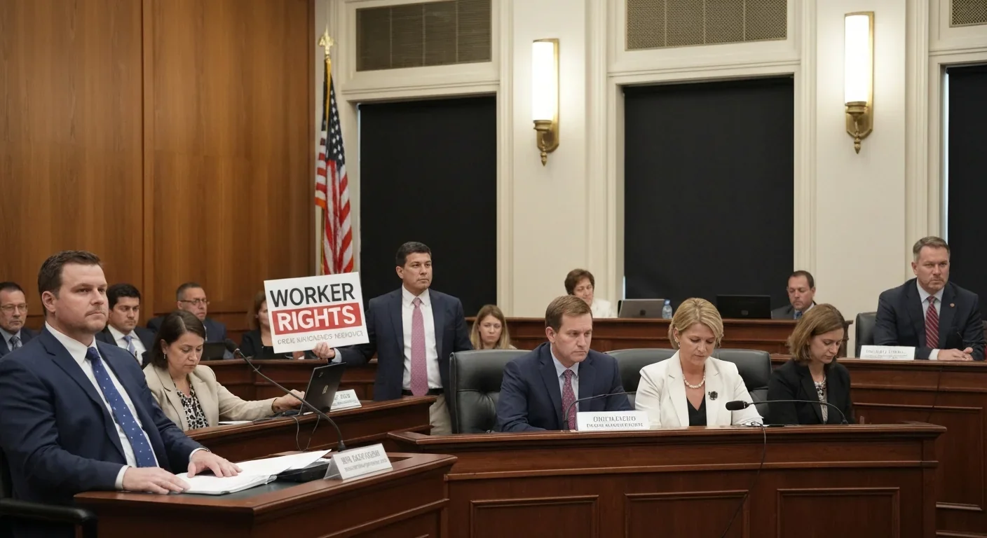 Adults at public hearing discussing worker rights and gig economy policy