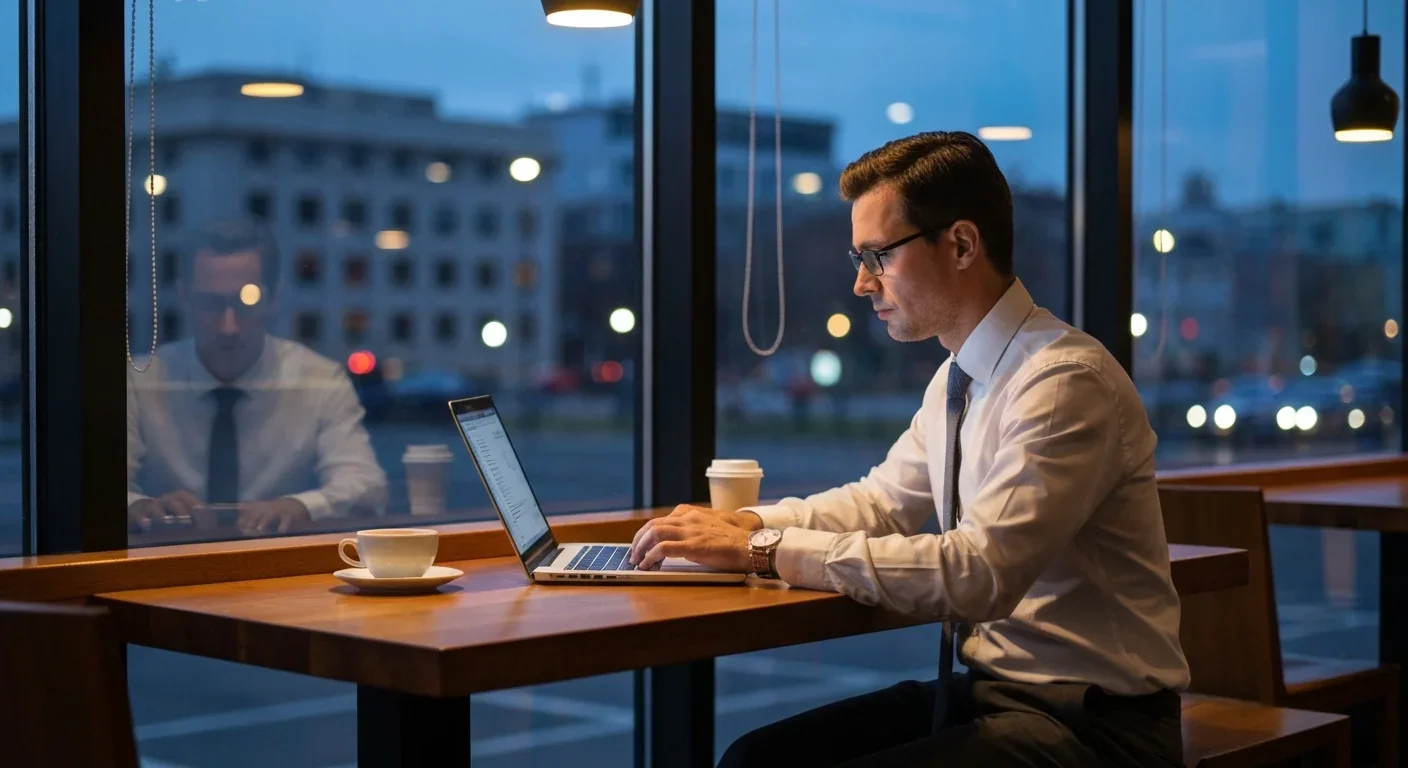 Professional working on laptop at cafe window during evening hours