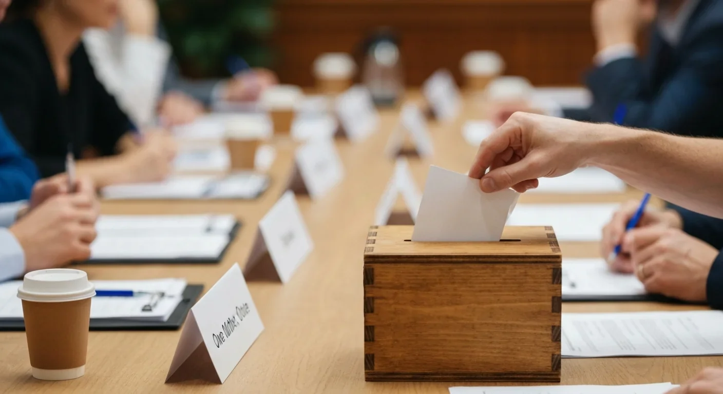 Hands placing ballot into box at cooperative member voting meeting