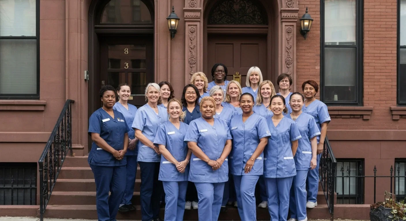 Group of adult women in cleaning uniforms standing united outside a brownstone building