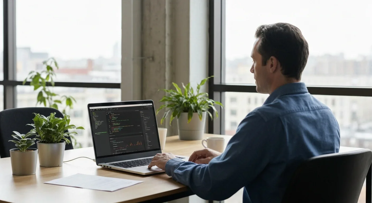 Person working on laptop showing code at a modern co-working space with natural light