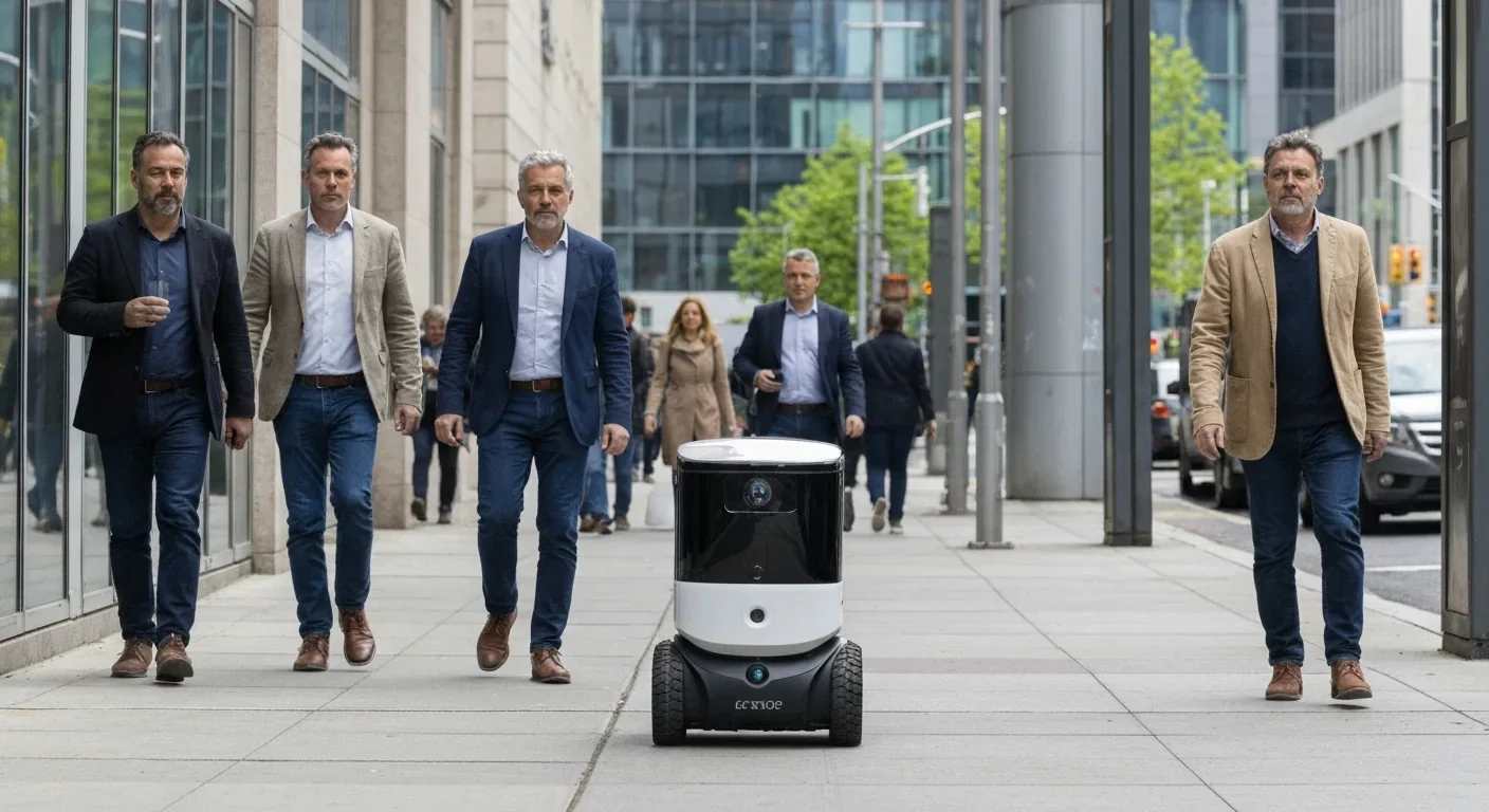 Autonomous delivery robot operating on urban sidewalk with pedestrians