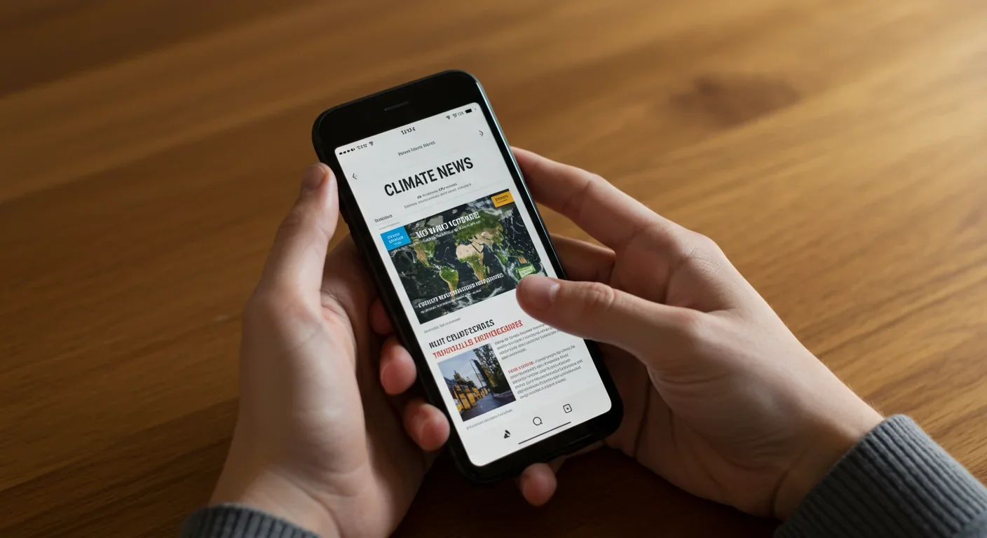 Young person reading climate news on smartphone showing youth engagement with global issues