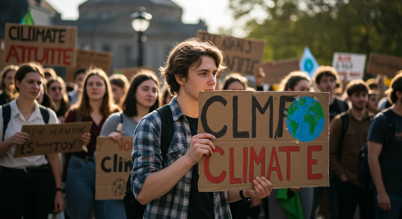 Young climate activist at protest rally holding handmade sign demanding climate action