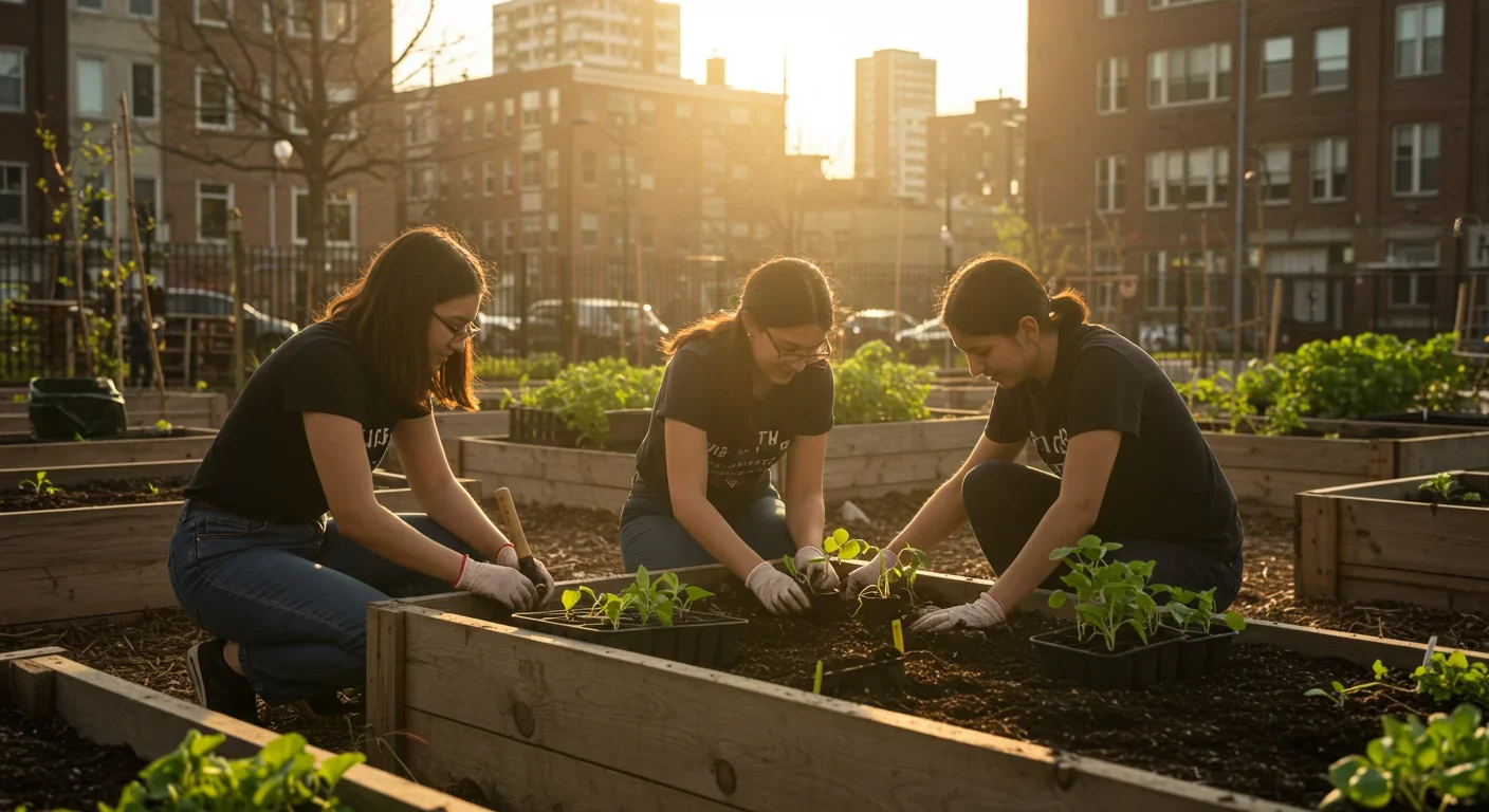 Young adults collaborating on urban community garden project demonstrating grassroots solutions