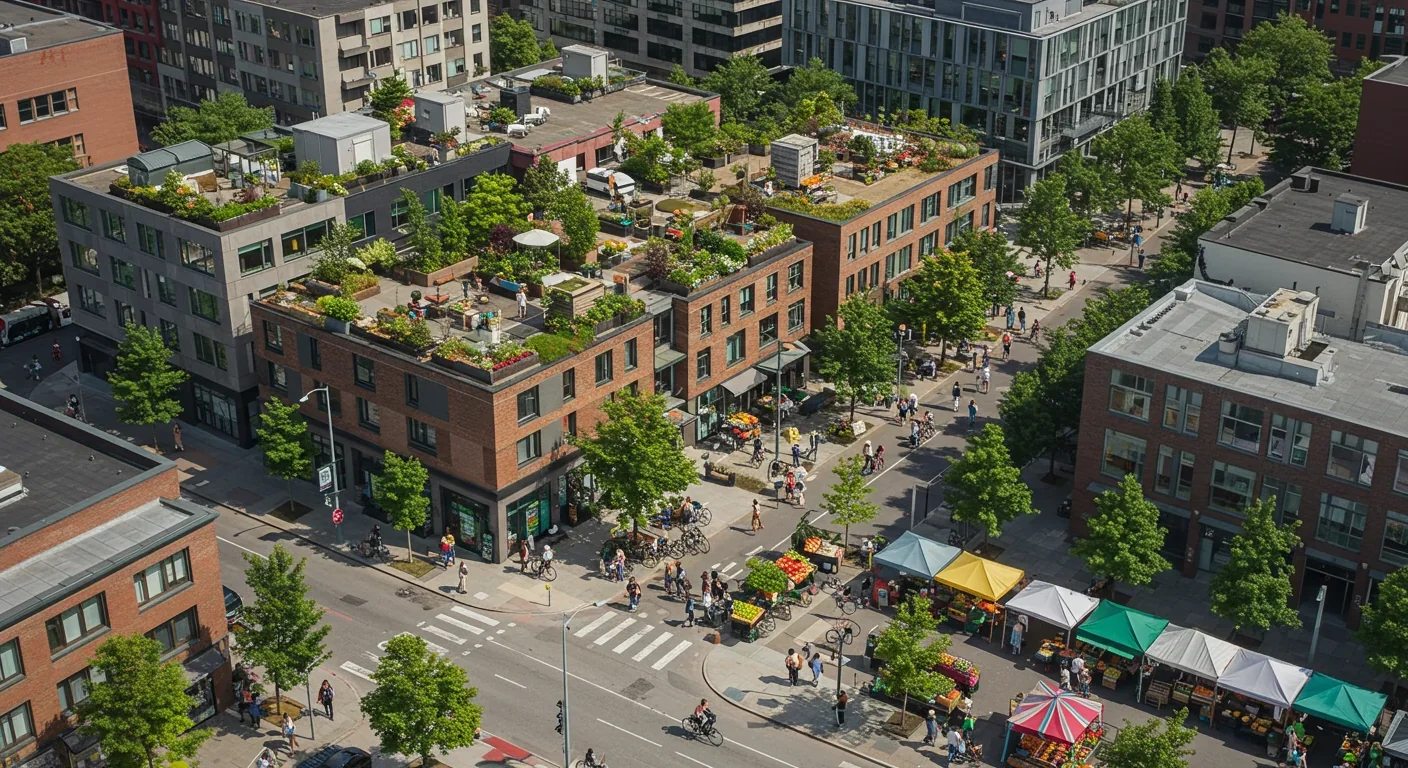 Thriving urban neighborhood with circular economy features and community spaces