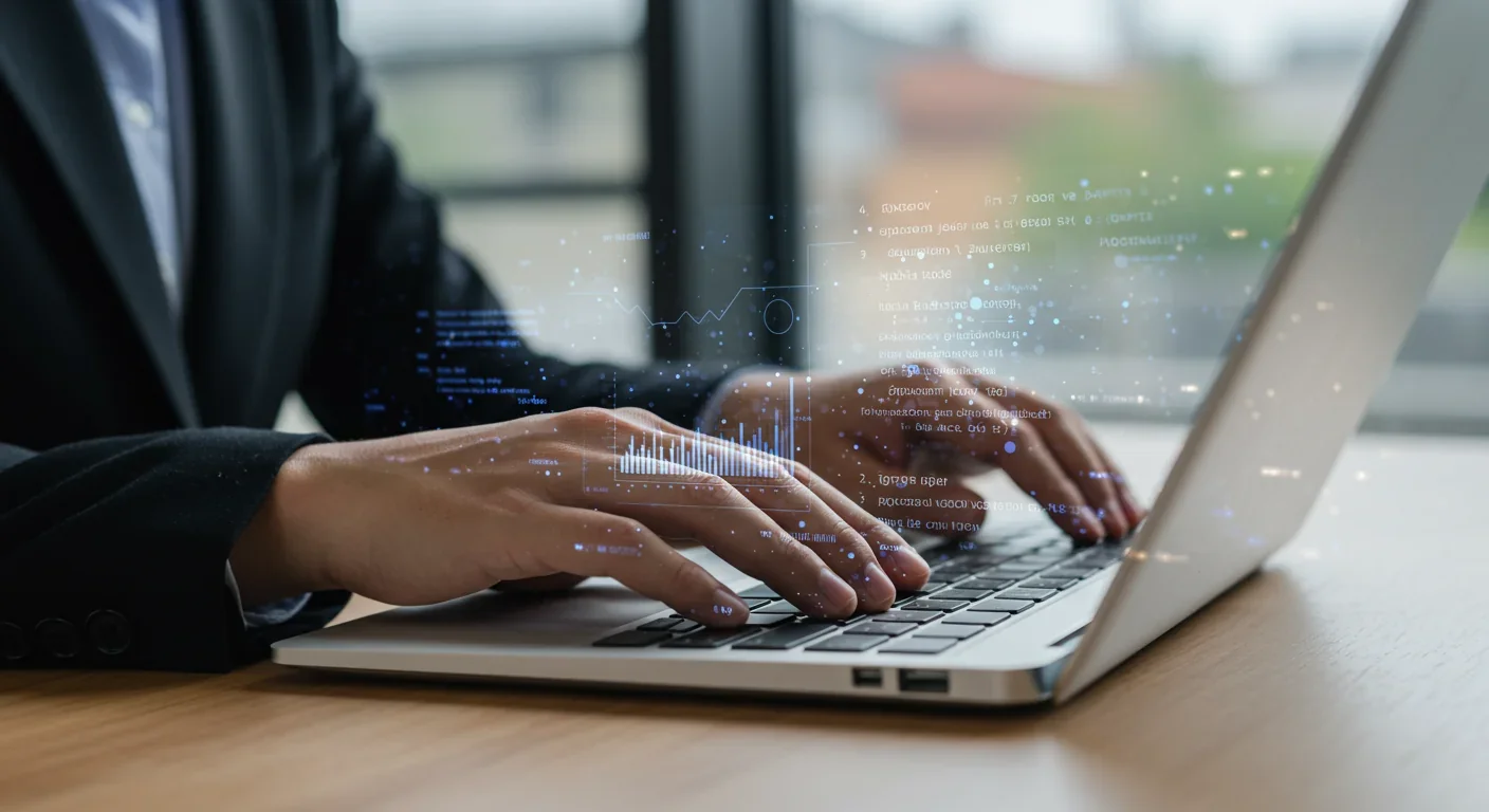 Hands typing on keyboard with transparent code overlay showing algorithmic transparency