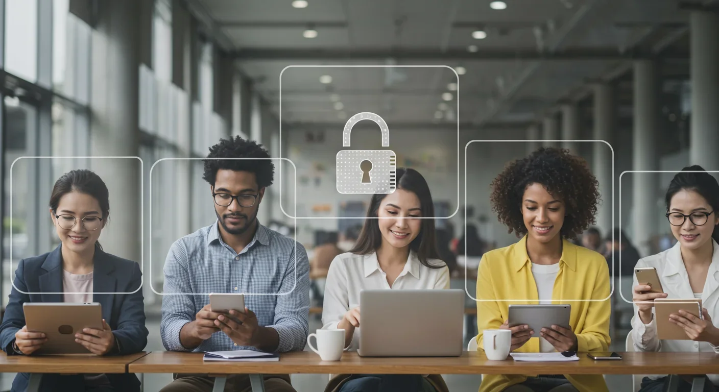 Hands using laptop with encryption and VPN privacy protection symbols displayed