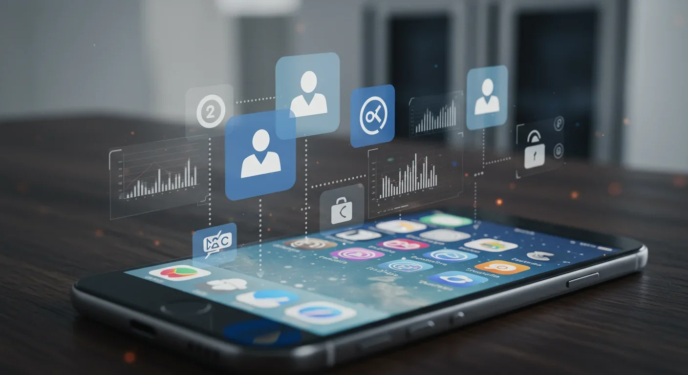 Smartphone showing social media apps with data streams visualizing information extraction and tracking