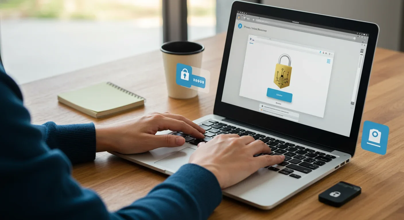Person using privacy-focused browser and security tools including password manager and hardware authentication key