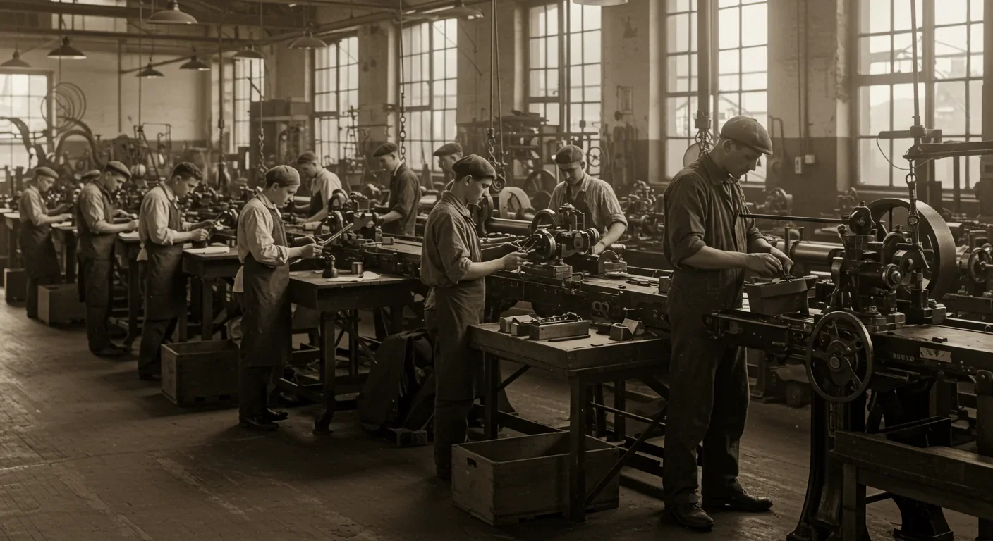 Historical factory workers on early 20th century assembly line during scientific management era