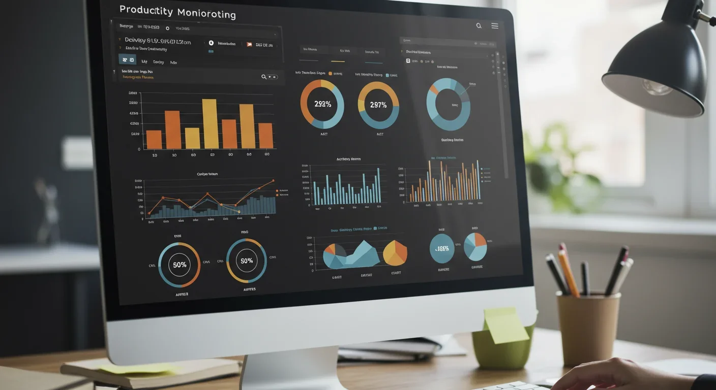 Computer screen showing employee productivity monitoring dashboard with activity metrics