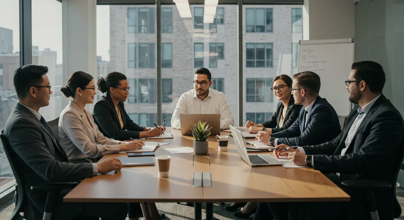 Diverse professional team collaborating in modern conference room meeting