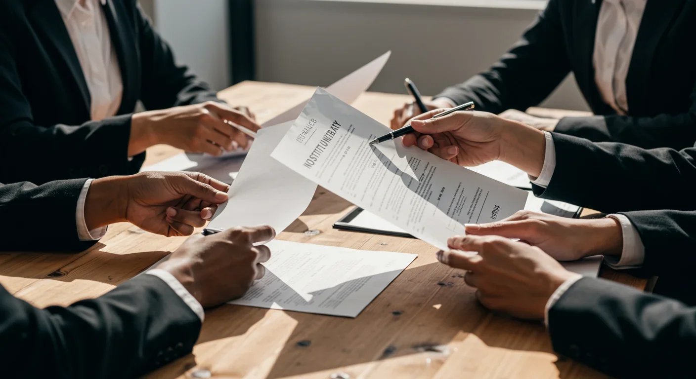 Hands reviewing legal and financial documents representing institutional reparations agreements