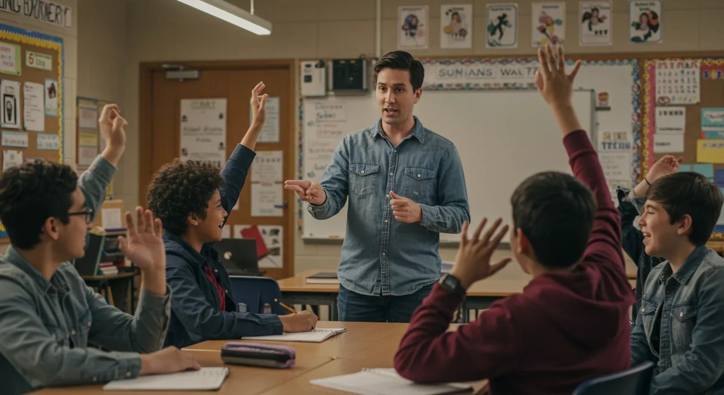 Teacher engaging with diverse students in supportive classroom environment