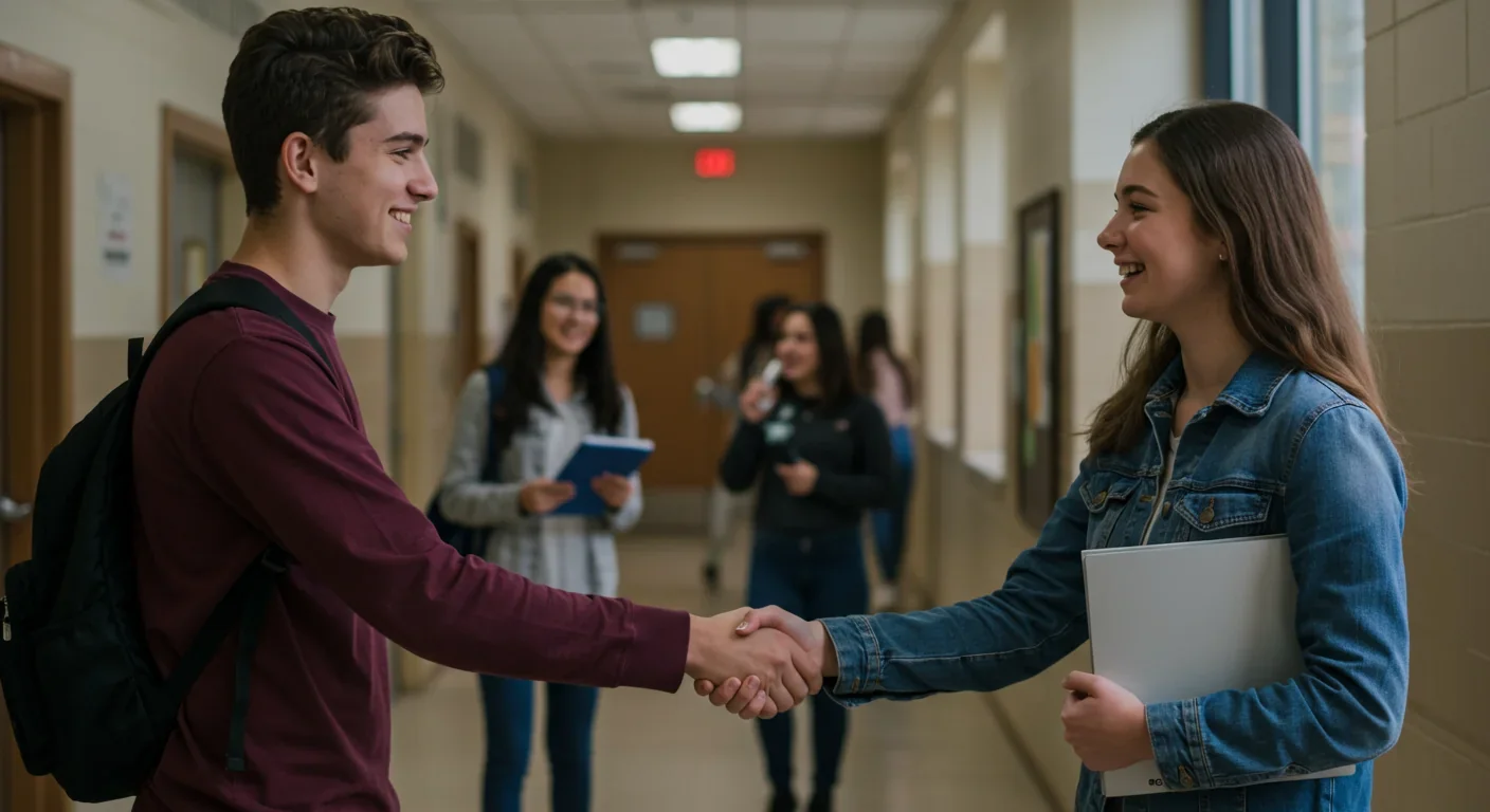 Students reconciling after restorative justice process in school hallway
