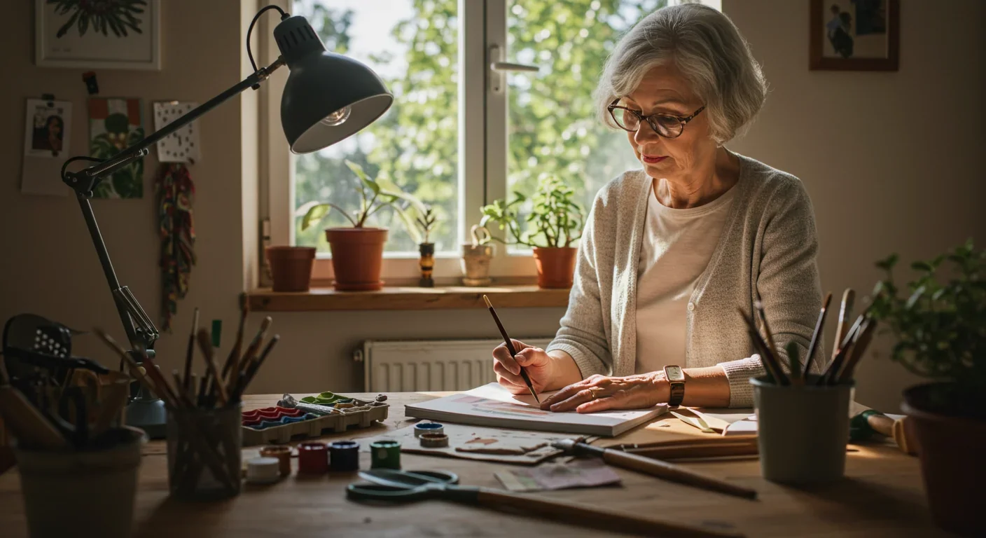 Retiree engaged in meaningful creative activities and personal projects at home