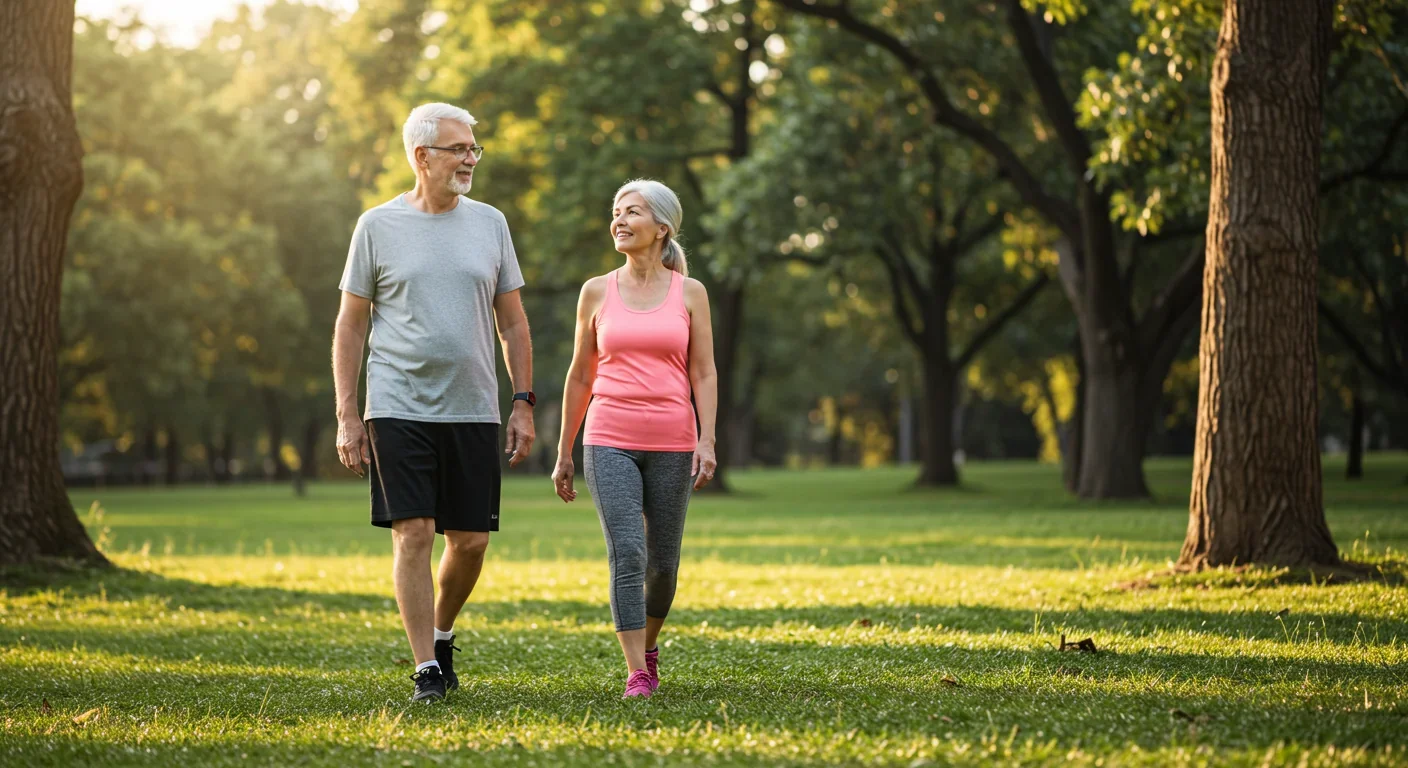Active older couple walking outdoors maintaining physical and cognitive health in retirement