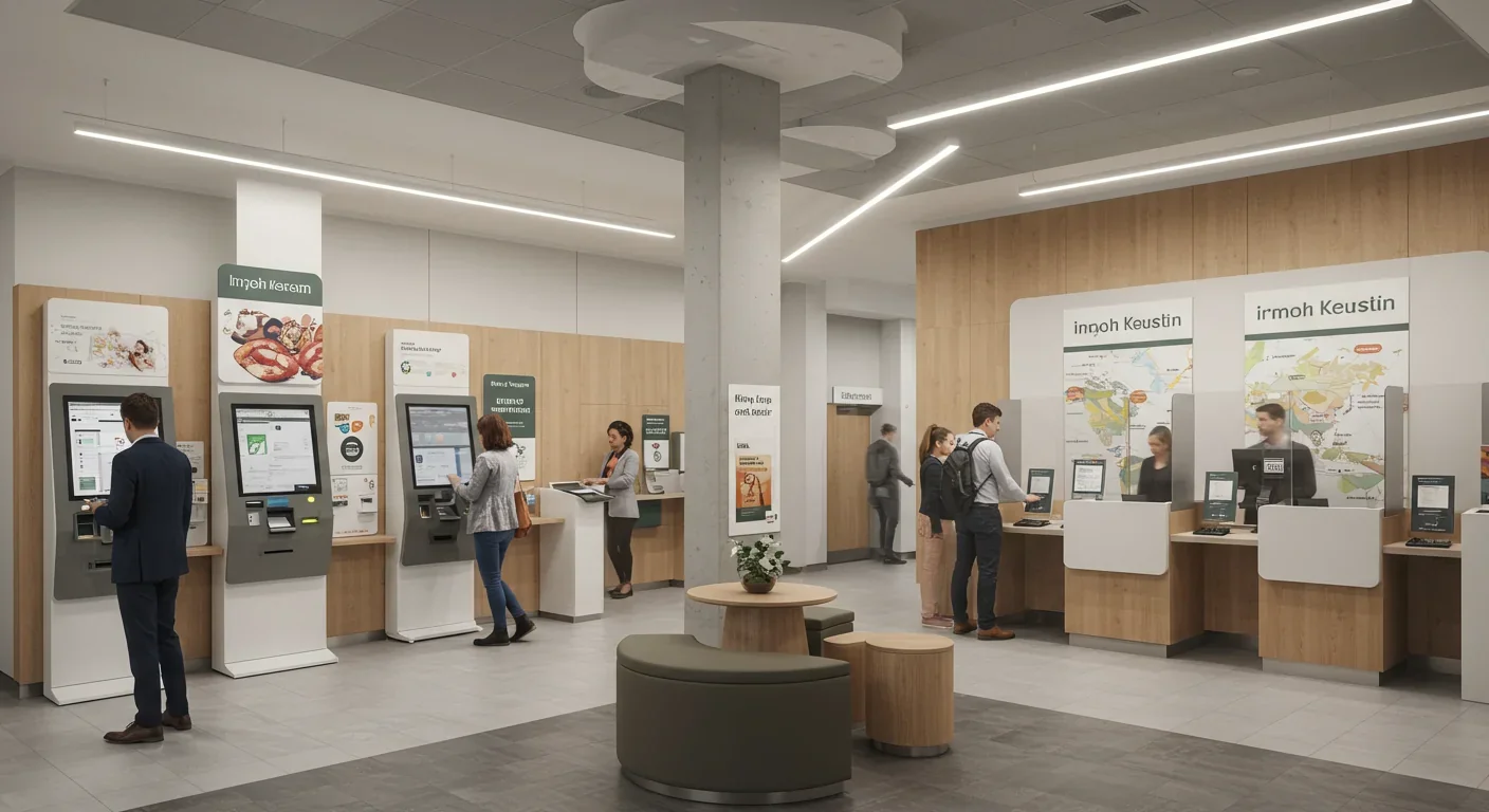 Modern bank offering both digital self-service kiosks and traditional teller windows